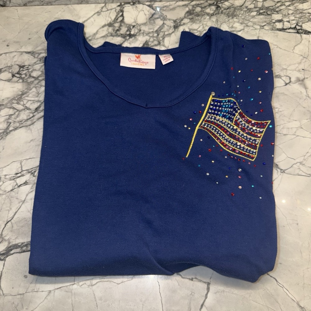 Quacker Factory Women's XL Flag Jeweled Tee Shirt